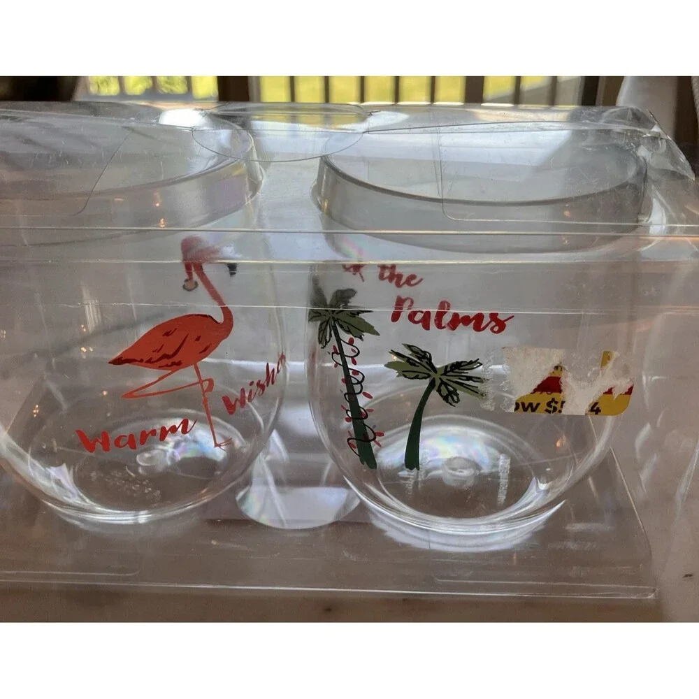 NEW St. Nickolas Square Set of 2 Wine Tumblers Christmas Palm Tree Flamingo